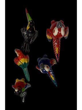 5 Artisan Handcrafted HandPainted Ceramic parrot Figurines Hanging Bird ornament